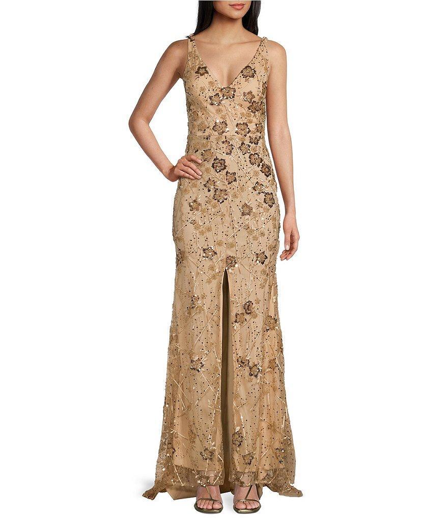 B. Darlin Wide Straps V-Neck Mesh Beaded & Sequined Long Dress Product Image