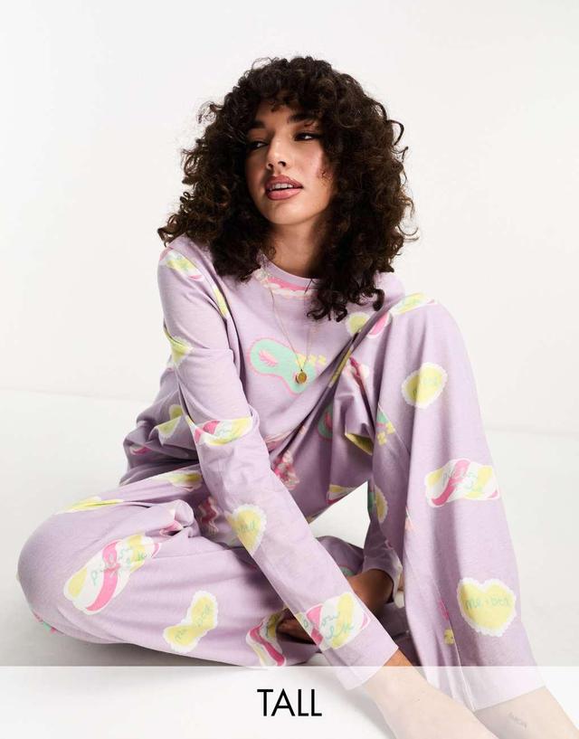 ASOS DESIGN Tall daydream long sleeve top & pants pajama set in lilac Product Image