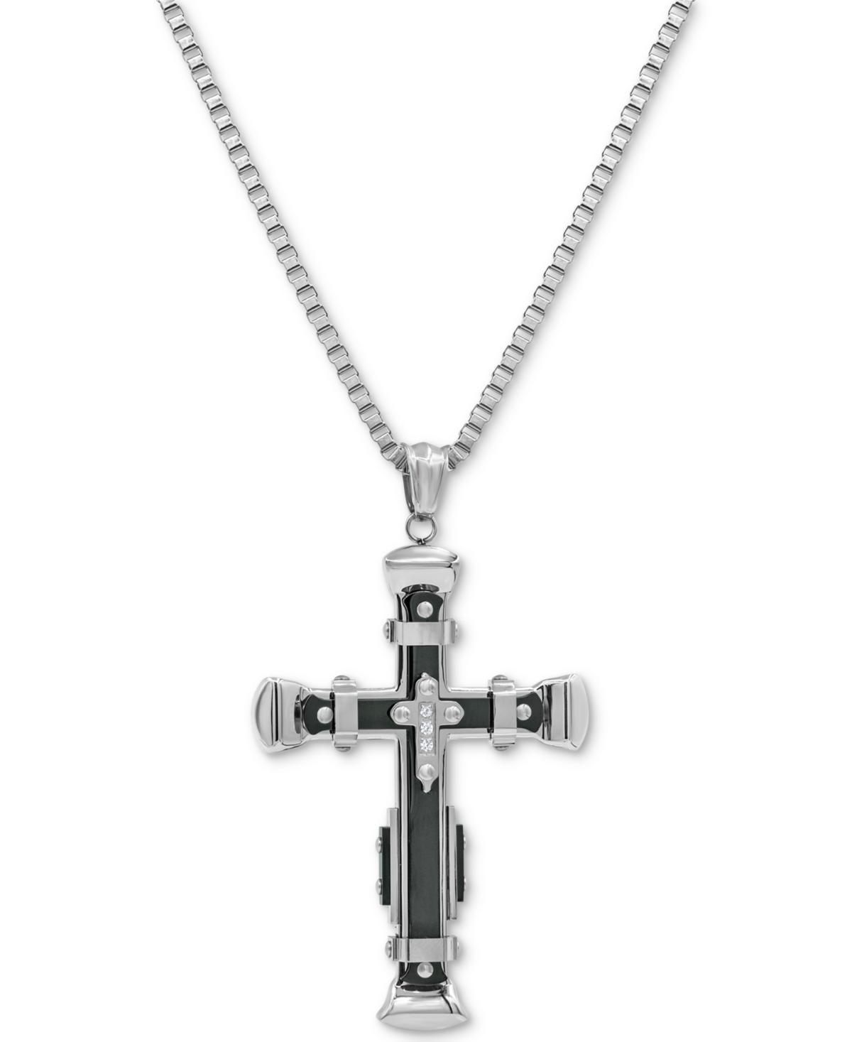 Mens Cubic Zirconia Two-Tone Cross 24 Pendant Necklace in Stainless Steel & Black Ion-Plate Product Image