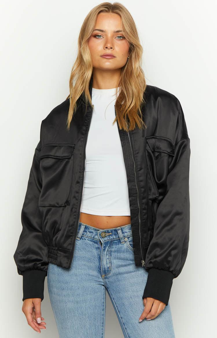 Keziah Black Satin Bomber Jacket Product Image