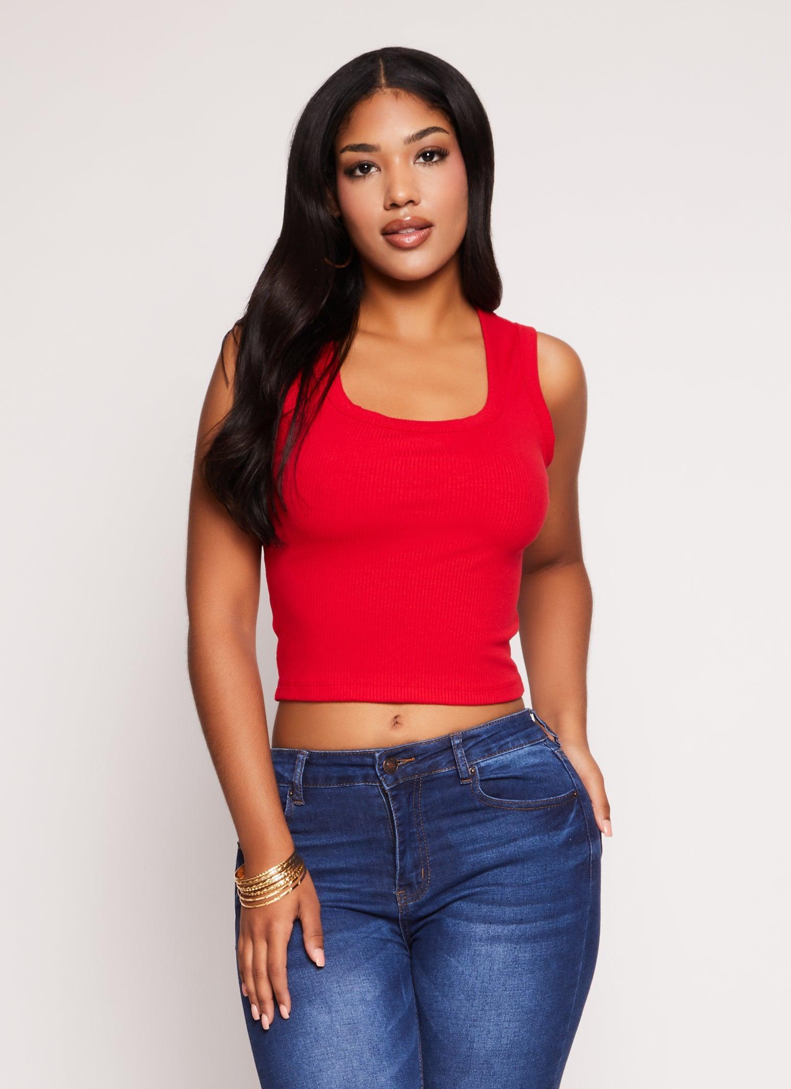 Womens Ribbed Knit Square Neck Cropped Tank Top product image