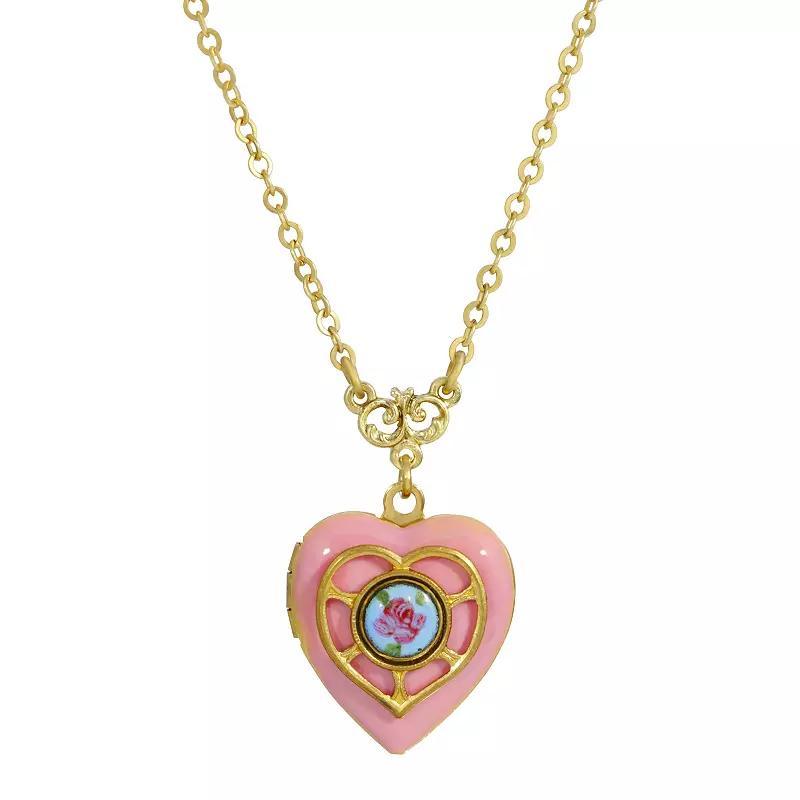 1928 Gold Tone Enamel Floral Heart Locket Necklace, Womens, Blue Product Image