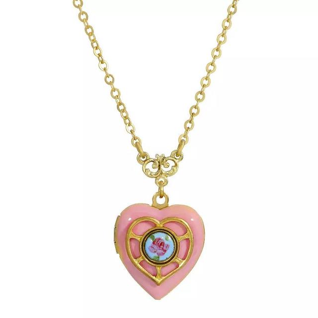 1928 Gold Tone Enamel Floral Heart Locket Necklace, Womens, Pink Product Image