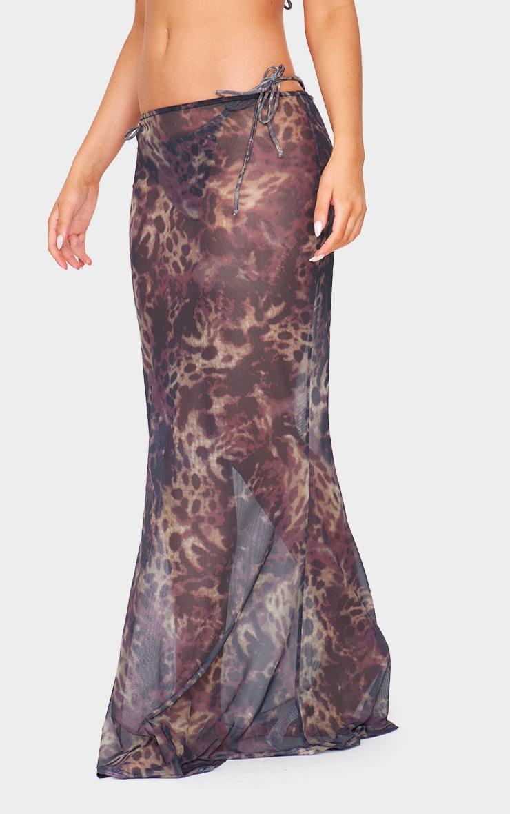 Brown Animal Print Mesh Fishtail Maxi Skirt Product Image