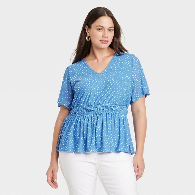 Womens Slim Fit Flutter Short Sleeve V-Neck Knit Top - Ava & Viv Blue Polka Dots 4X Product Image