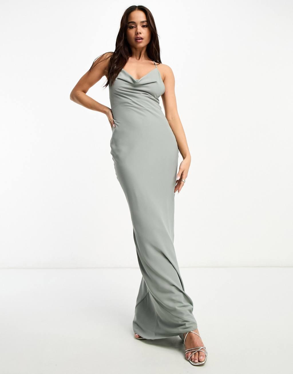 ASOS DESIGN Bridesmaid lace up back maxi slip dress in olive green Product Image