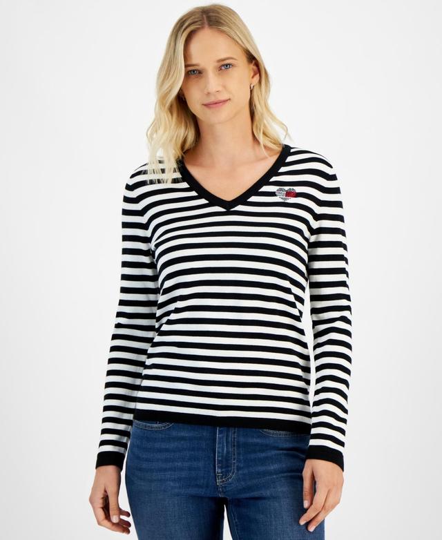 Tommy Hilfiger Womens Striped V-Neck Long-Sleeve Sweater - Blk Product Image