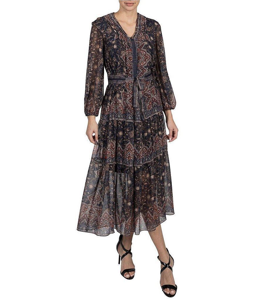 Julia Jordan V-Neck 3/4 Sleeve Paisley Print Chiffon Midi Dress Product Image