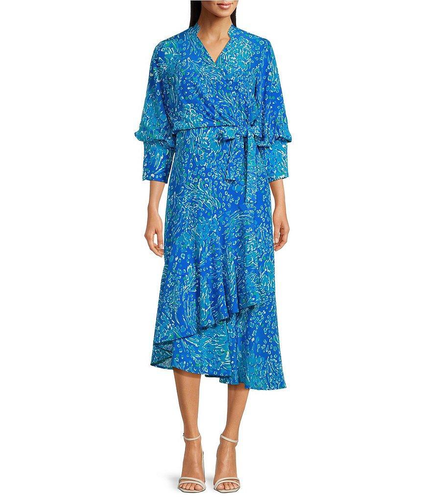 tyler boe Jules Silk Capri Flora Print Surplice V-Neck Side-Tie Wrap Front Asymmetrical Ruffle Hem Midi Dress Product Image