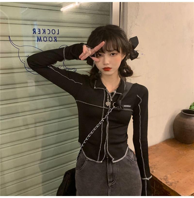 Long-Sleeve Contrast Trim Crop Shirt Product Image