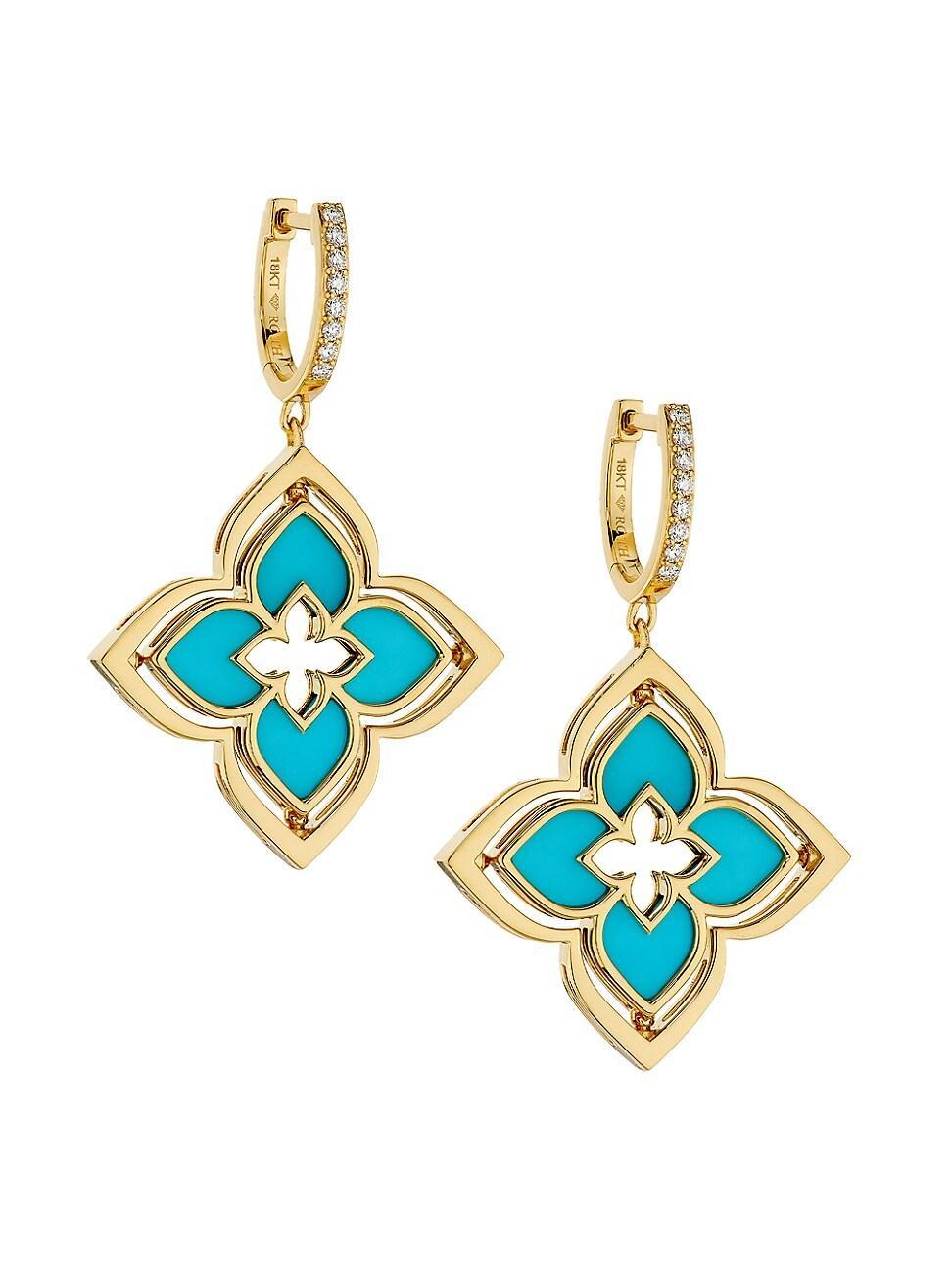 Womens Venetian Princess 18K Yellow Gold, Turquoise & 0.19 TCW Diamond Pirouette Flower Drop Earrings Product Image