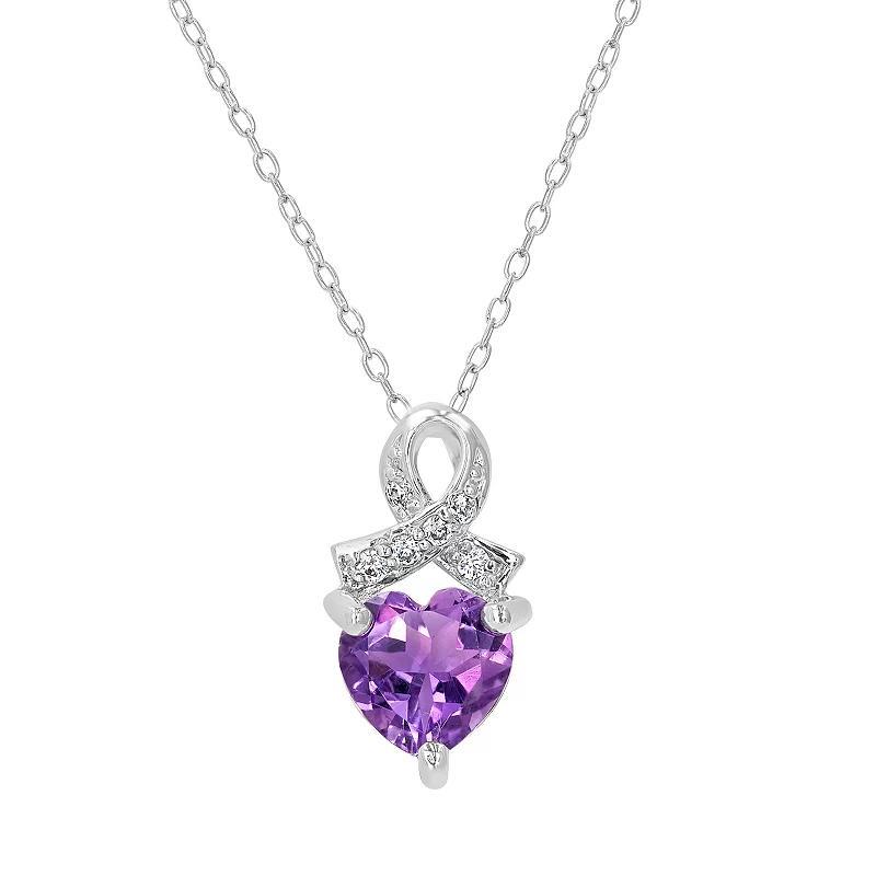 Gemistry Sterling Silver Stone & Cubic Zirconia Heart Ribbon Pendant Necklace, Womens Purple Product Image