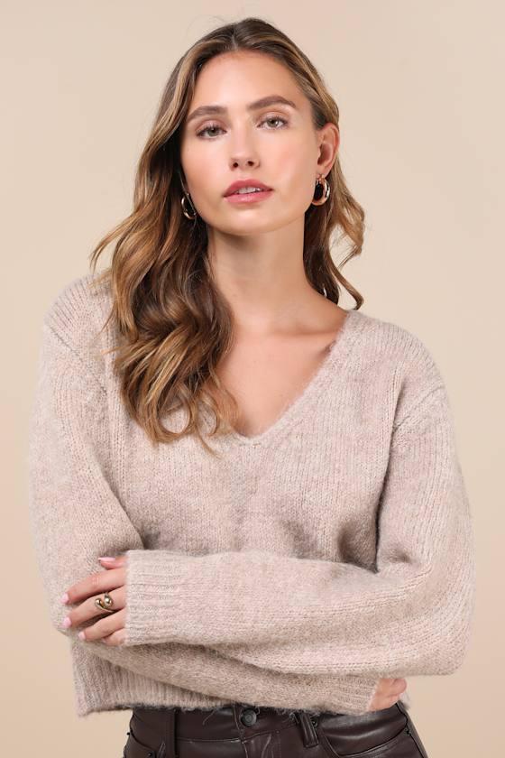 Coquette Cozy Heather Taupe Long Sleeve Bow Pullover Sweater Product Image