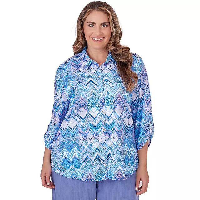 Plus Size Alfred Dunner Zig Zag Print Button Down 3/4-Sleeve Blouse, Womens Product Image