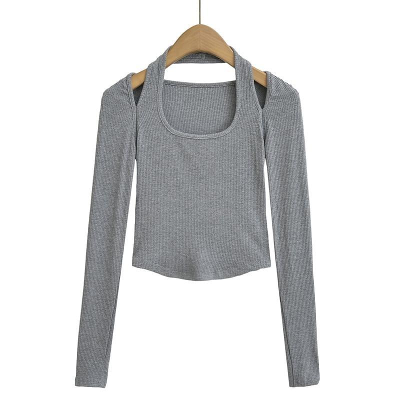 Long Sleeve Cold Shoulder Plain Ribbed Crop T-Shirt Product Image