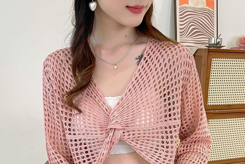 Long-Sleeve V-Neck Plain Perforated Knot Crop Knit Top Product Image