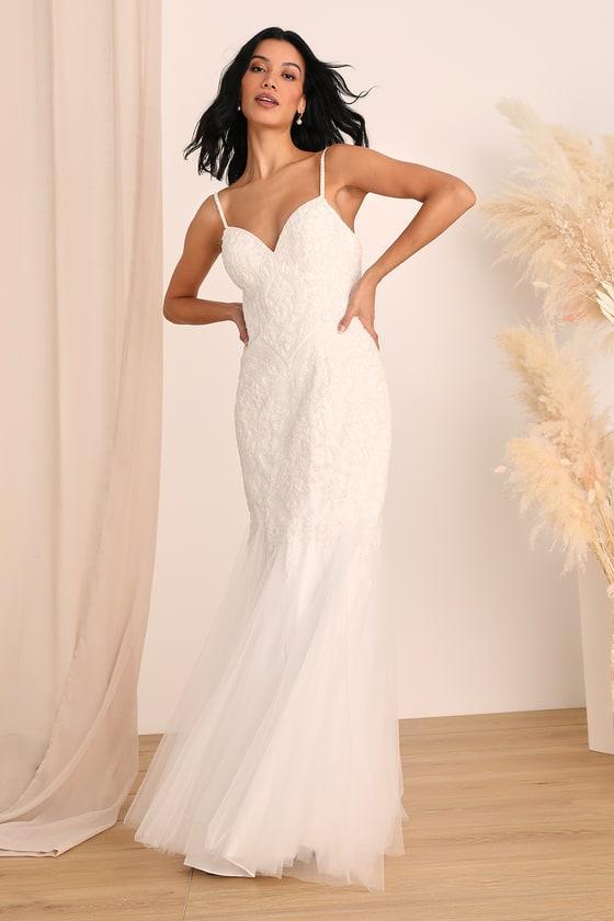 Dream Romance White Beaded Tulle Trumpet Maxi Dress Product Image