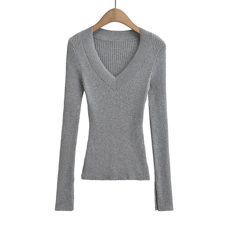 V-Neck Long Sleeve Plain Ribbed Knit Sweater Product Image