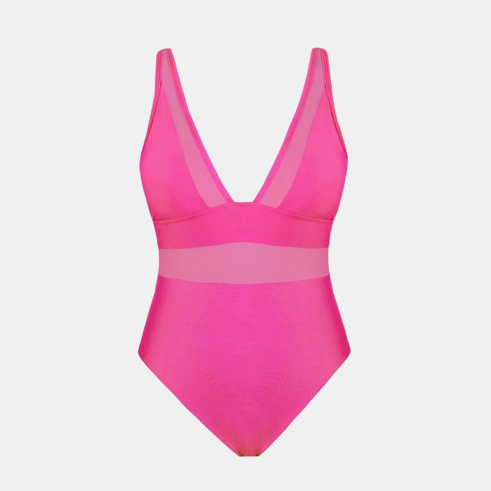 Women's Plus Size V Neck Mesh Sheer One Piece Swimsuit -Cupshe-1X-Pink Product Image