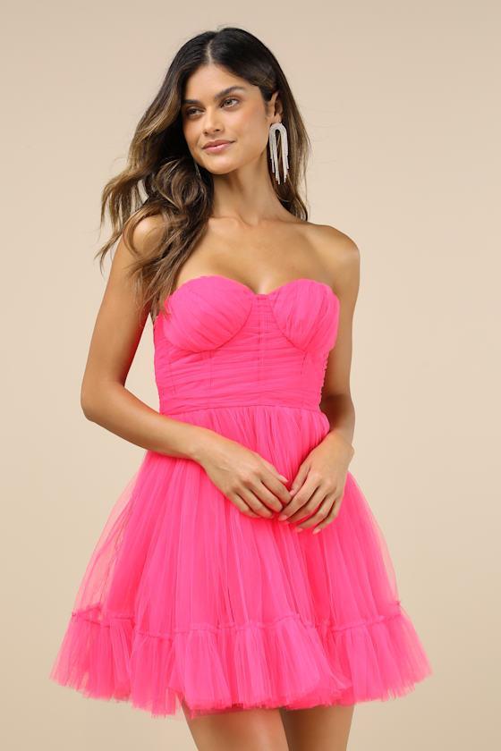 Lovely Flirtation Hot Pink Tulle Strapless Bustier Mini Dress Product Image