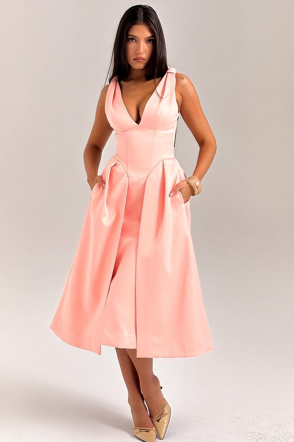 Paloma Peach Satin Pleated Midi Dress Product Image