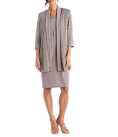 R  M Richards 34 Sleeve Metallic Jacquard Knit 2-Piece Jacket Dress -  18 Product Image