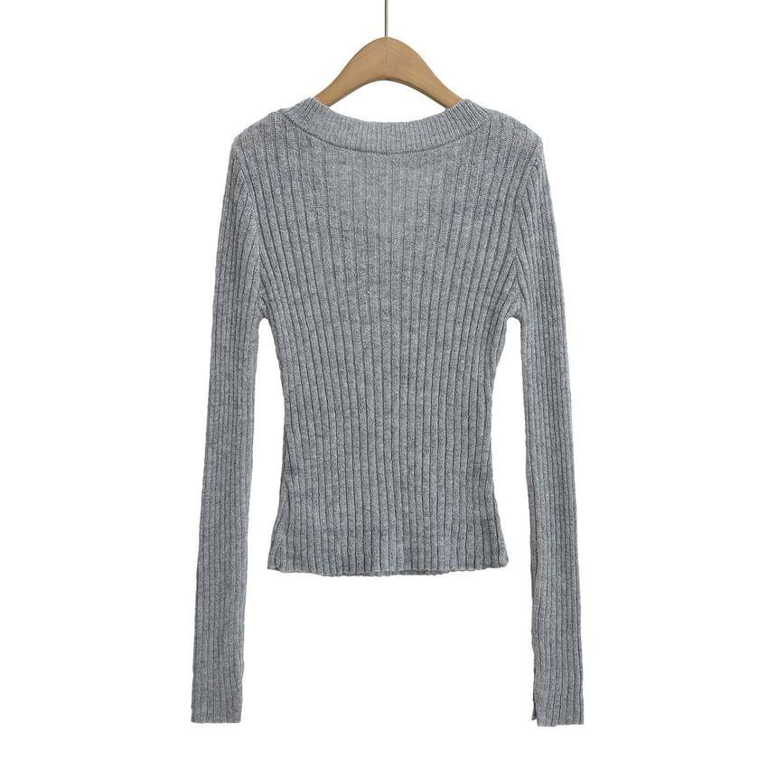 V-Neck Plain Ribbed Knitted Sweater Product Image