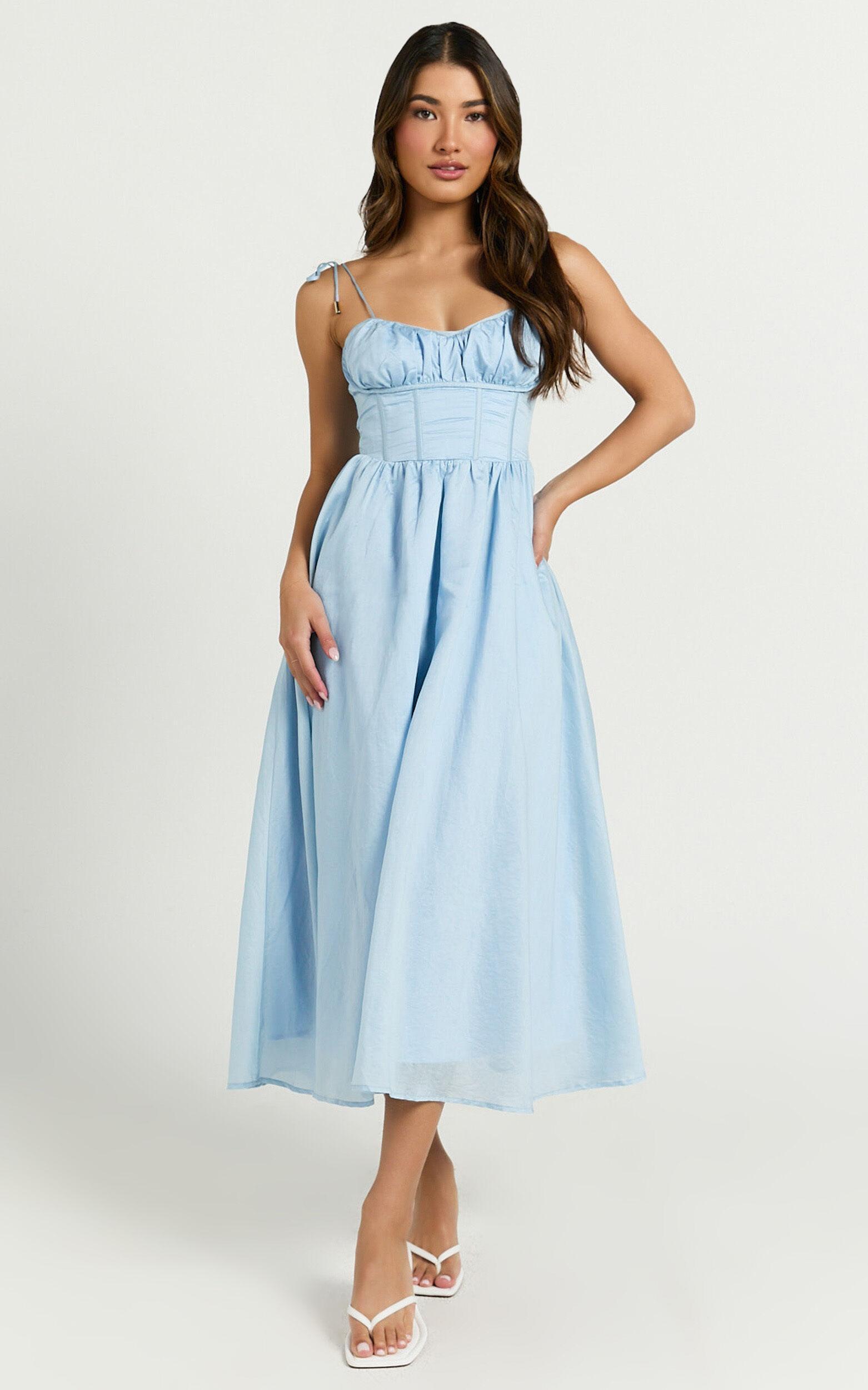 Dolores Midi Dress - Strappy Ruched Bust Corset Waist Dress in Blue Product Image