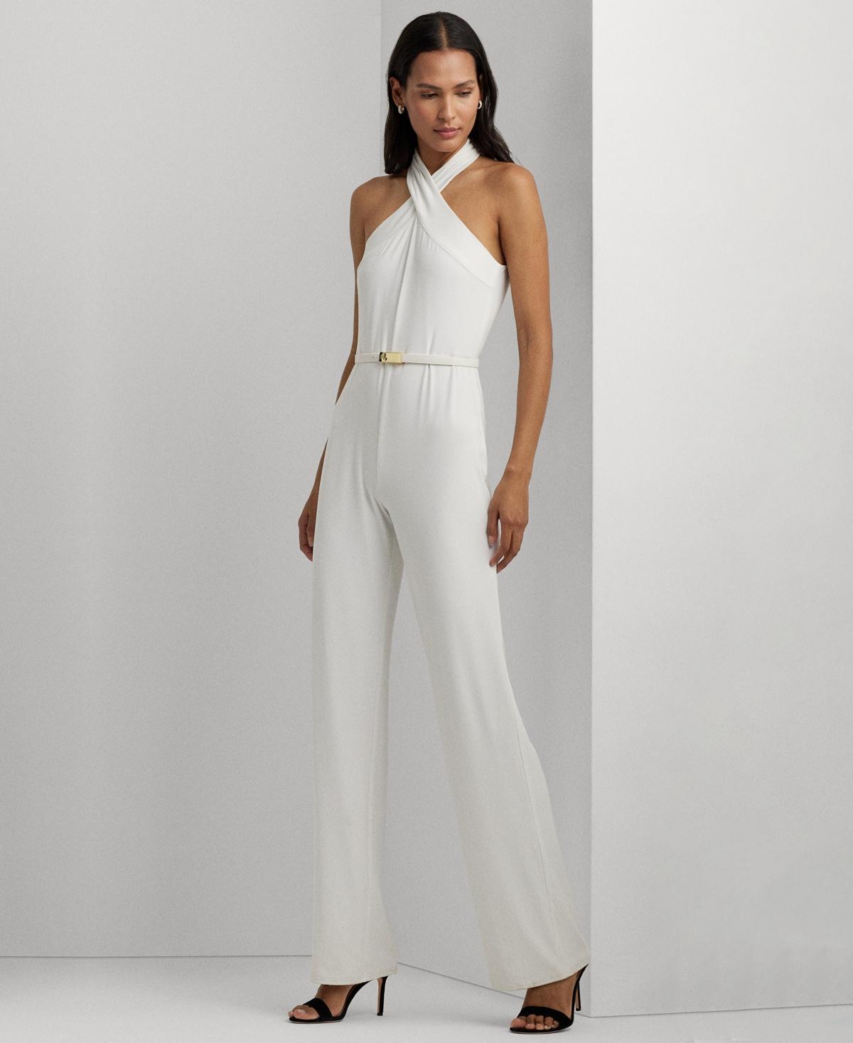 Lauren Ralph Lauren Belted Jersey Halter Wide-Leg Jumpsuit Women's Dress Product Image