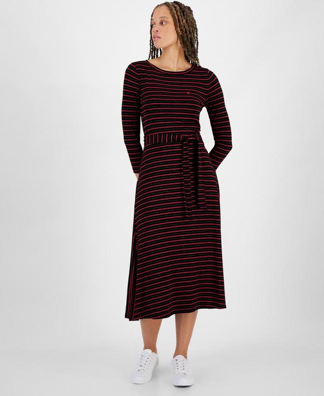 Nautica Jeans Womens Striped Tie-Waist Midi Dress Product Image