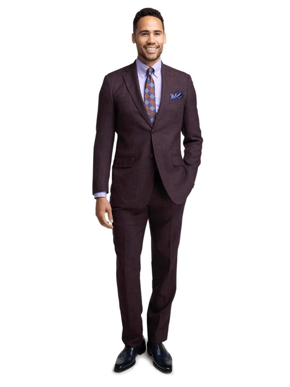 Wool Plaid Single Breasted Notch Lapel Suit - Wine Product Image