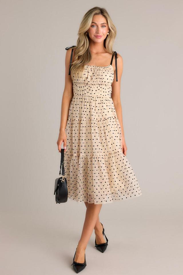 Dotted Affair Beige Tulle Polka Dot Midi Dress Product Image