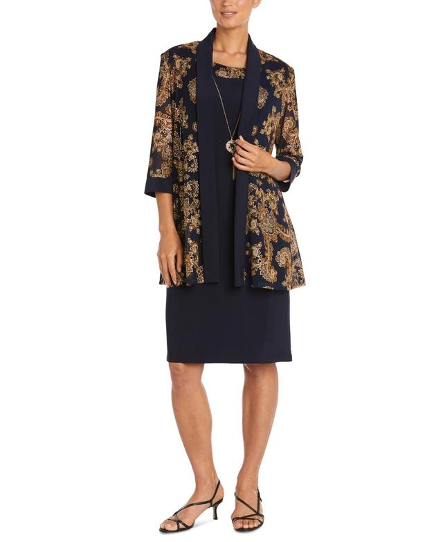 R & M Richards Petite 2-Pc. Paisley-Print Jacket & Dress Set - Navy Product Image