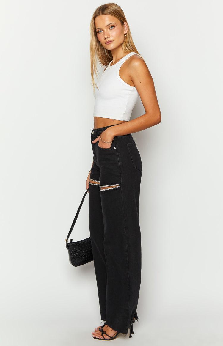 Gem Diamante Trim Wide Leg Black Denim Jeans Product Image