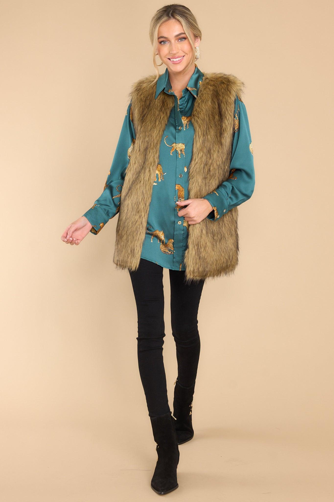 Aura Seen It All Brown Faux Fur Vest Product Image