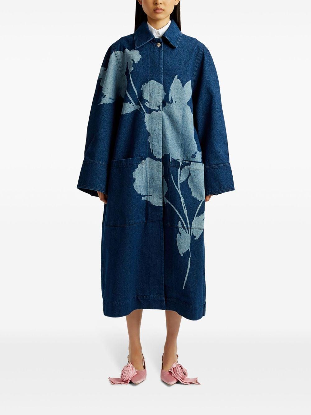 Denim Floral-printed Coat In Blue Product Image