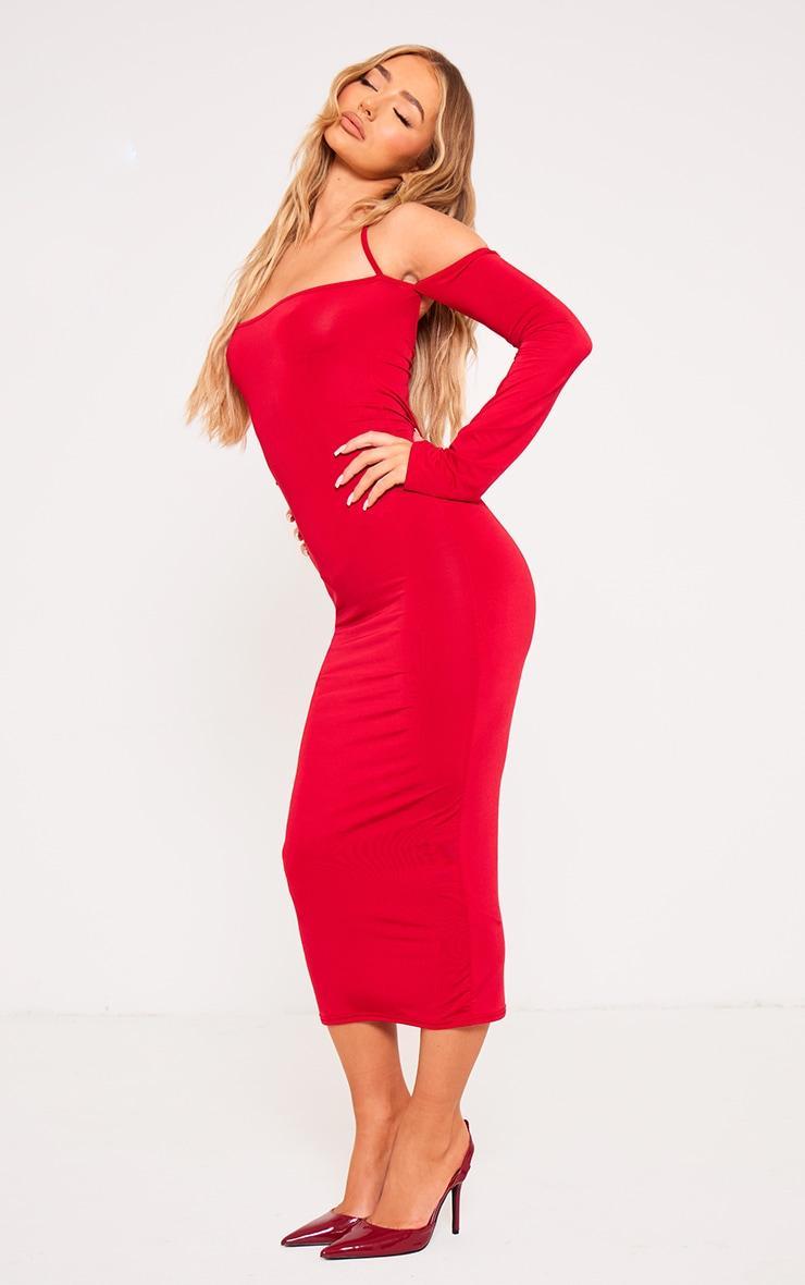 Red Slinky Bardot Tie Neck Midi Dress Product Image