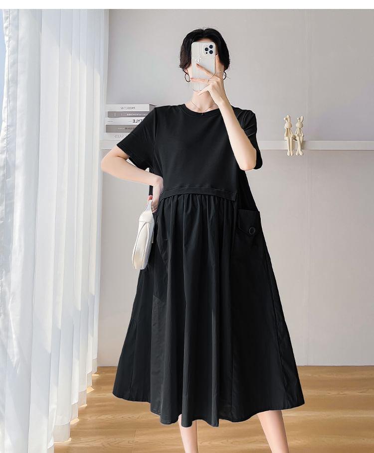 Maternity Short-Sleeve Crewneck Plain Midi A-Line Dress Product Image