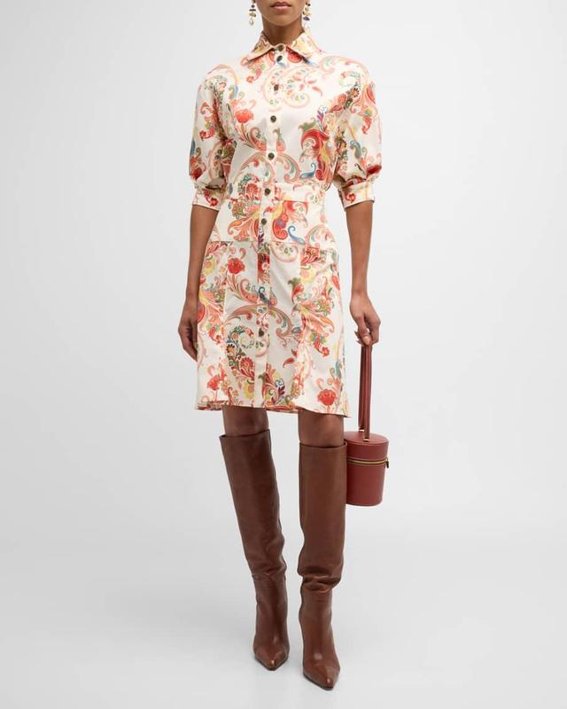 Paisley Deco Puff-Sleeve Cotton Shirtdress Product Image