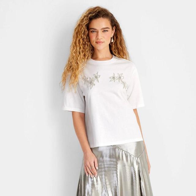 Womens Short Sleeve Embellished T-Shirt - Future Collective White Floral M Product Image