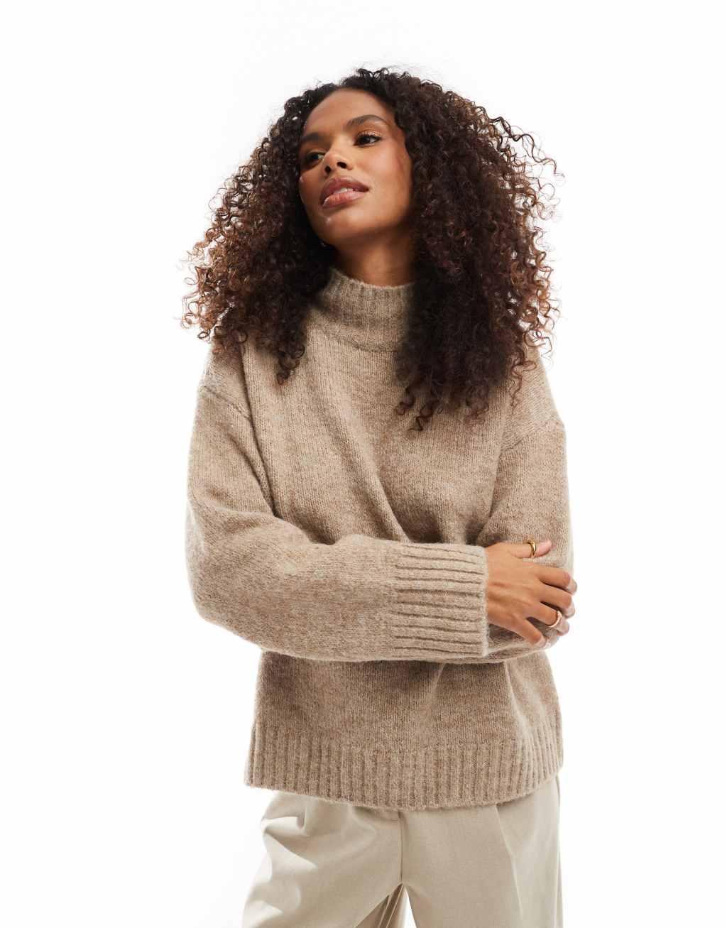 Vero Moda high neck sweater with ribbing in beige melange Product Image