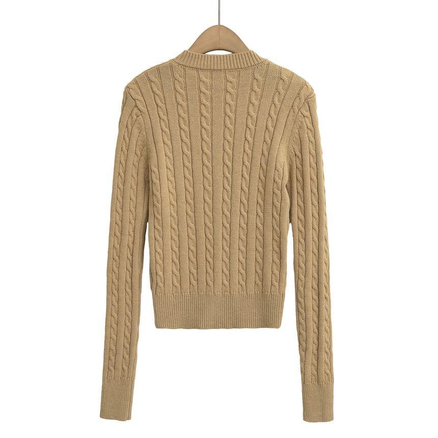 Long-Sleeve Plain Henley Cable Knit Top Product Image