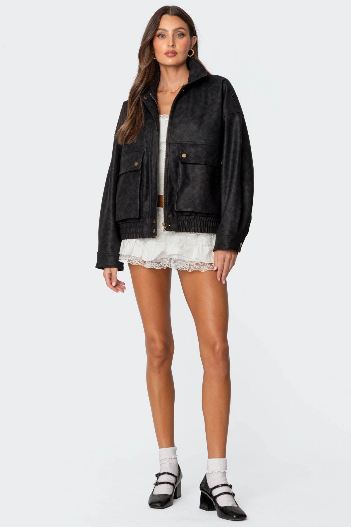 Cargo Faux Leather Bomber Jacket Product Image