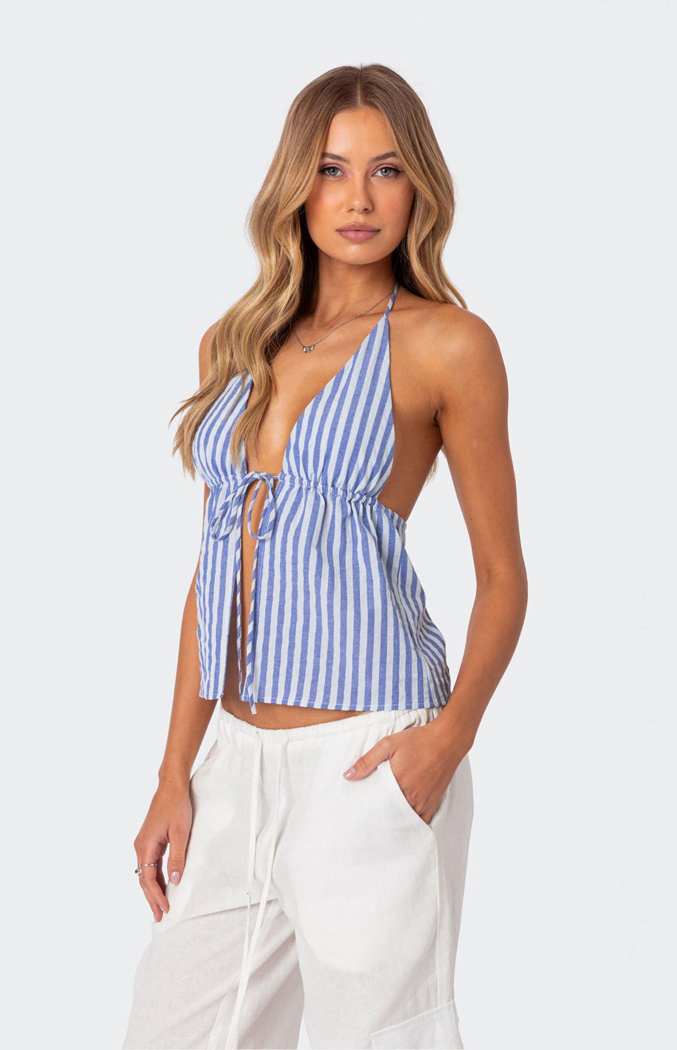 Edikted Women's Madelyn Tie Front Top in White/Navy - Product Image