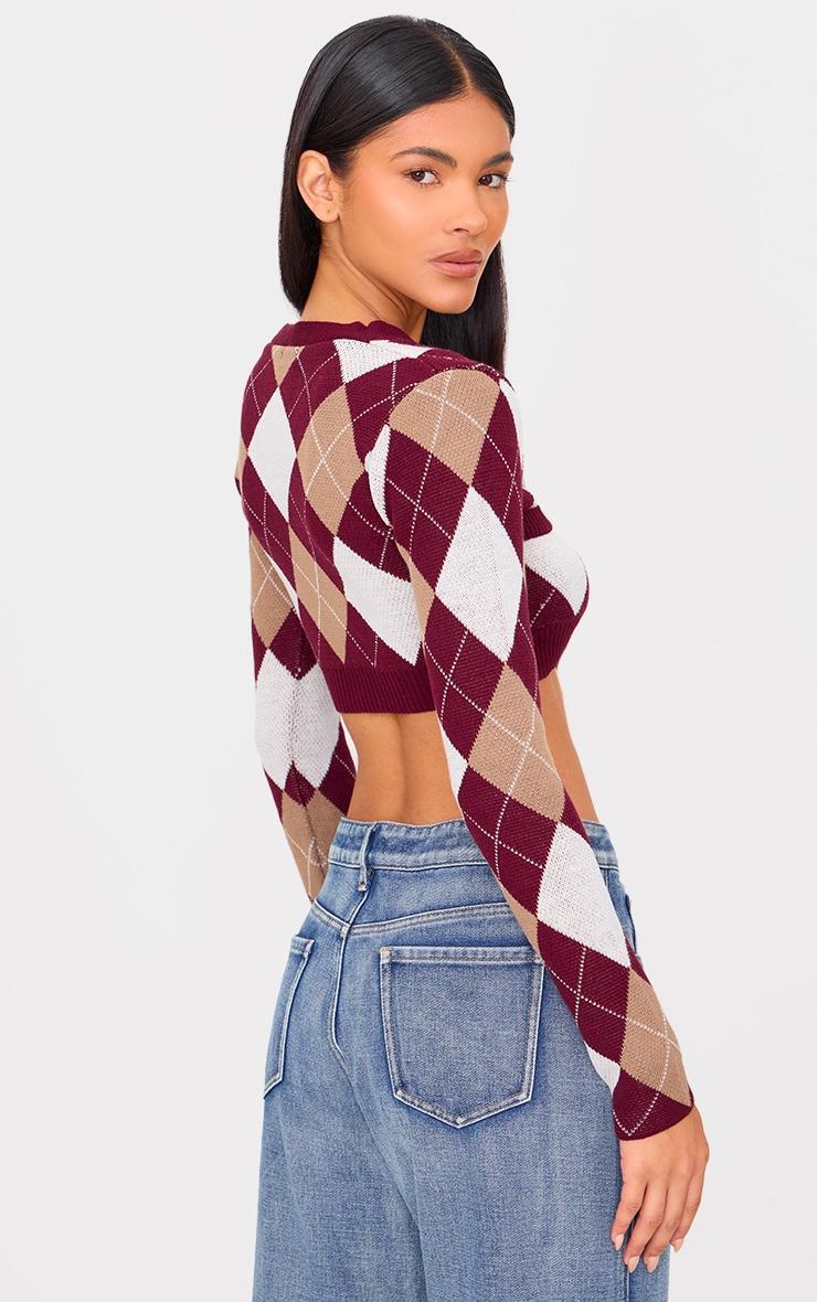 Burgundy Argyle Jacquard Knitted V Neck Cropped Cardigan Product Image