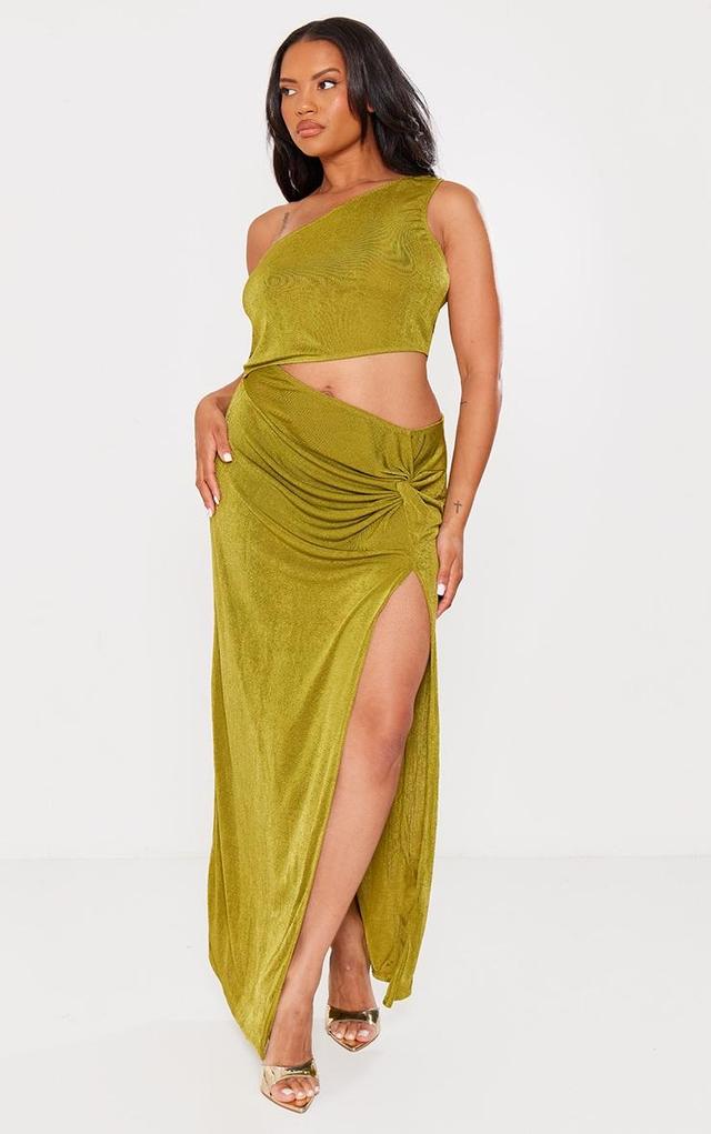 Plus Olive Slinky Asymmetric Shoulder Cut Out Maxi Dress Product Image