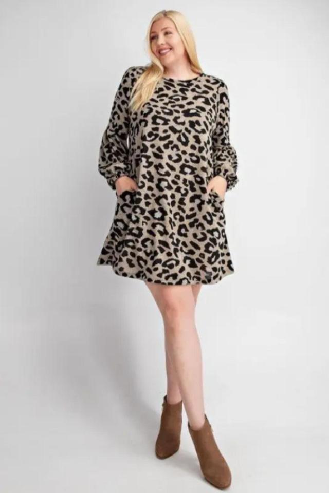 Plus Size Leopard Print Bubble Sleeve Swing Dress Female Product Image