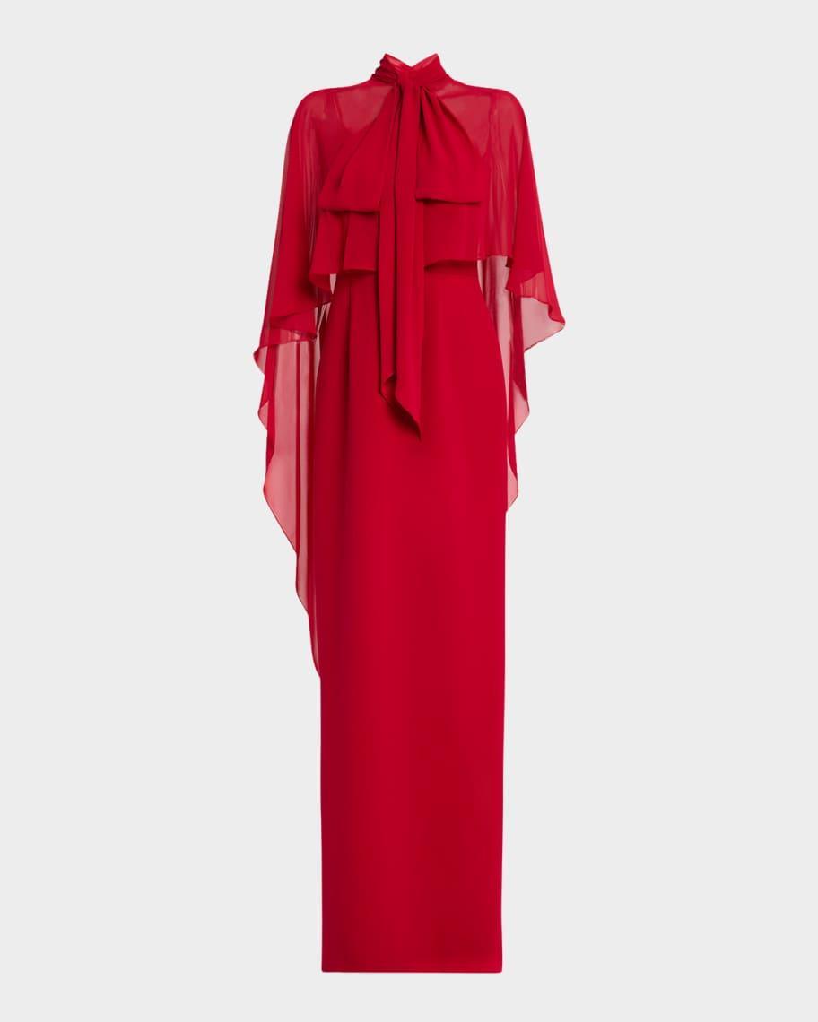 Draped Tie-Neck Cape Column Gown Product Image