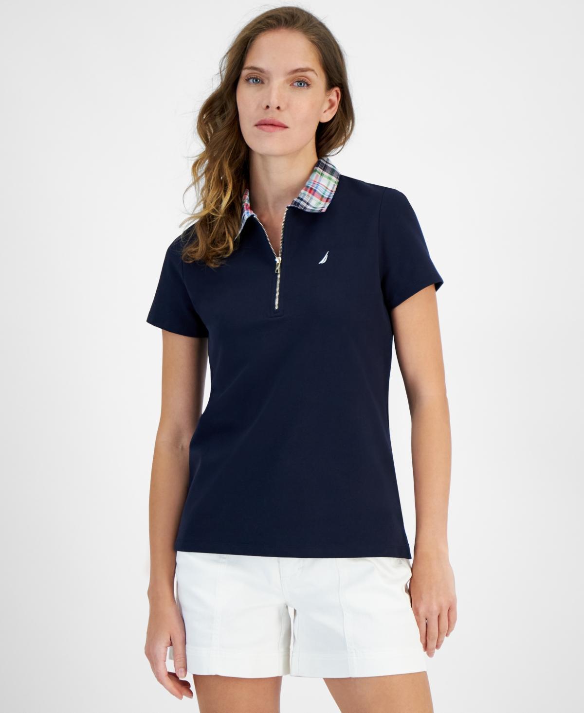 Nautica Jeans Womens Contrast-Collar Polo Short-Sleeve Top Product Image