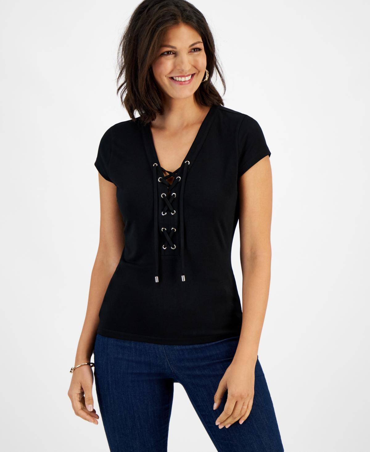 I.n.c. International Concepts Womens Lace-Up Short-Sleeve Top, Created for Macys Product Image